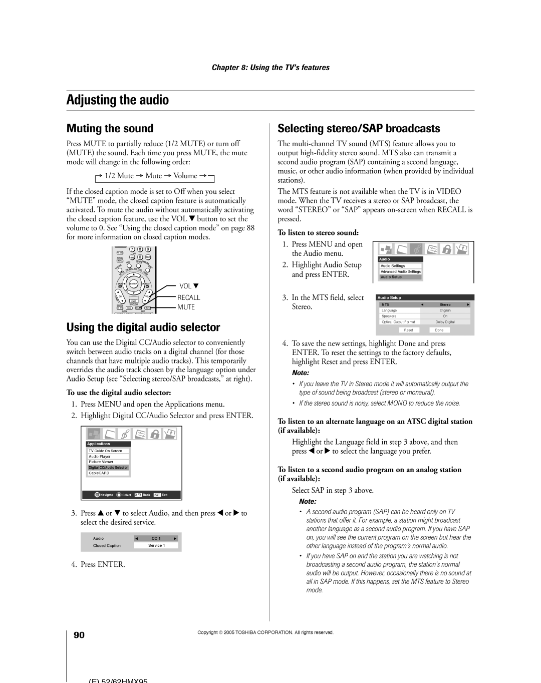 Toshiba 52HMX95 Adjusting the audio, Muting the sound, Selecting stereo/SAP broadcasts, Using the digital audio selector 