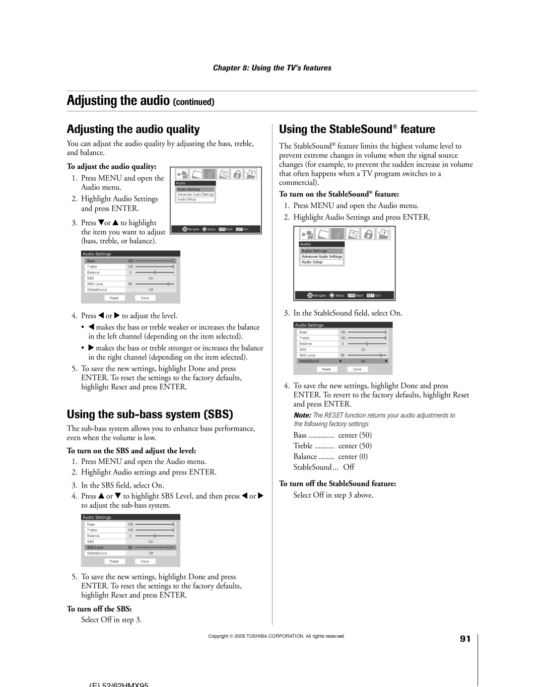 Toshiba 62HMX95, 52HMX95 Adjusting the audio quality Using the StableSound ¨ feature, Using the sub-bass system SBS 