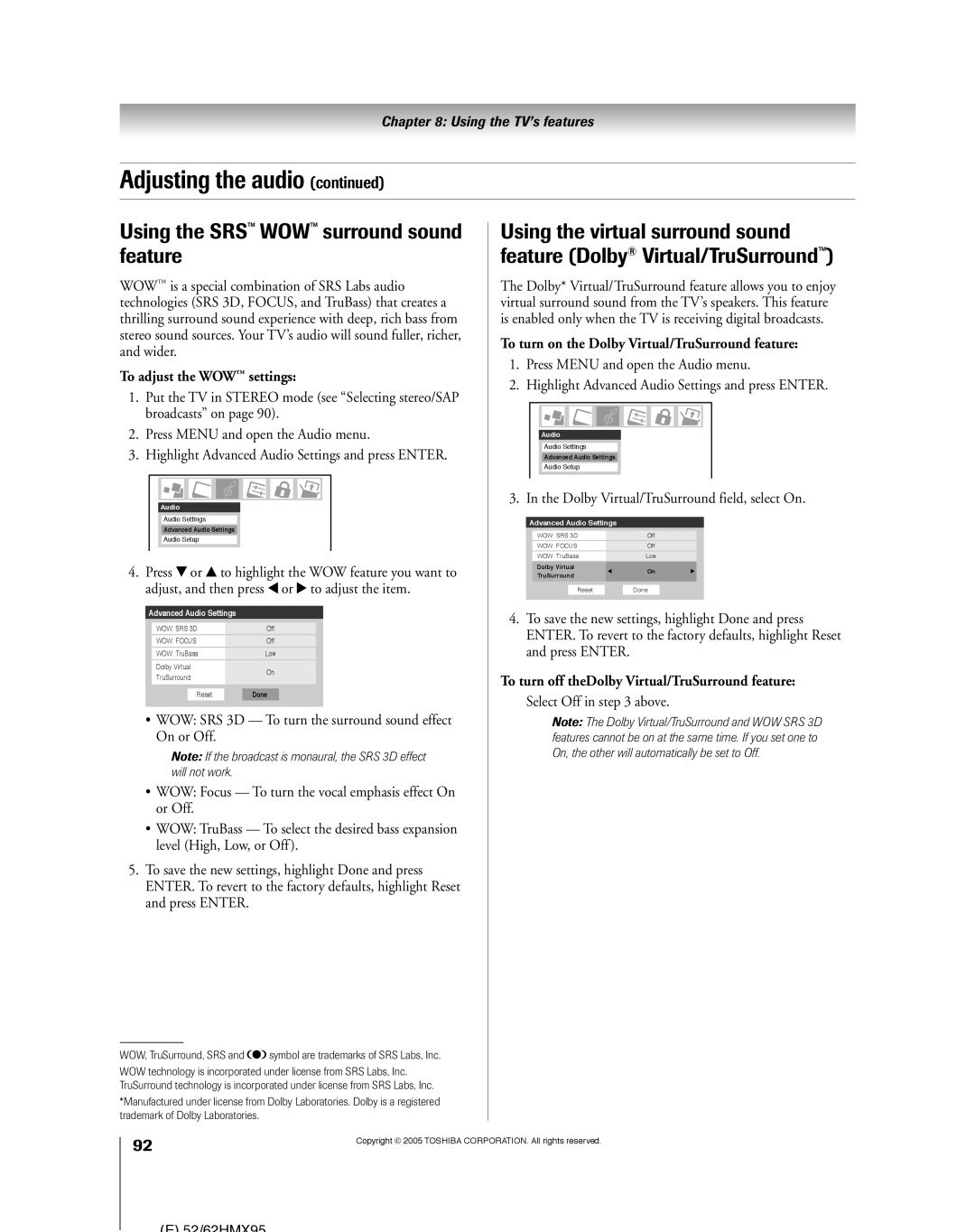 Toshiba 52HMX95, 62HMX95 owner manual Using the SRSª WOWª surround sound feature, To adjust the WOW settings 