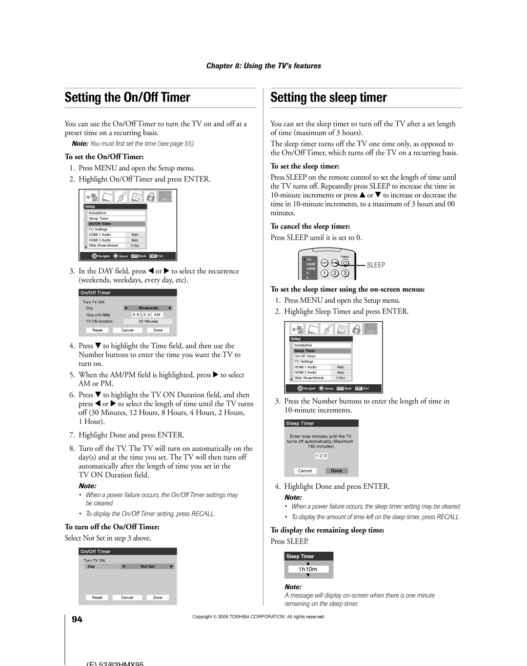 Toshiba 52HMX95 Setting the On/Off Timer Setting the sleep timer, To set the sleep timer, To cancel the sleep timer 