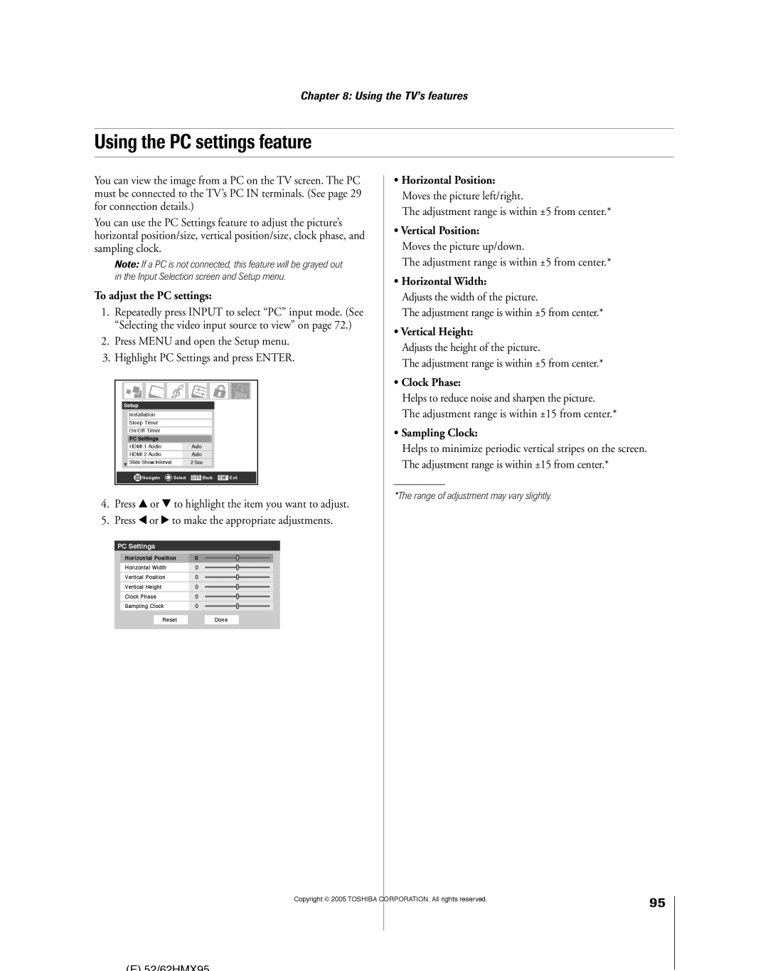 Toshiba 62HMX95, 52HMX95 owner manual Using the PC settings feature 