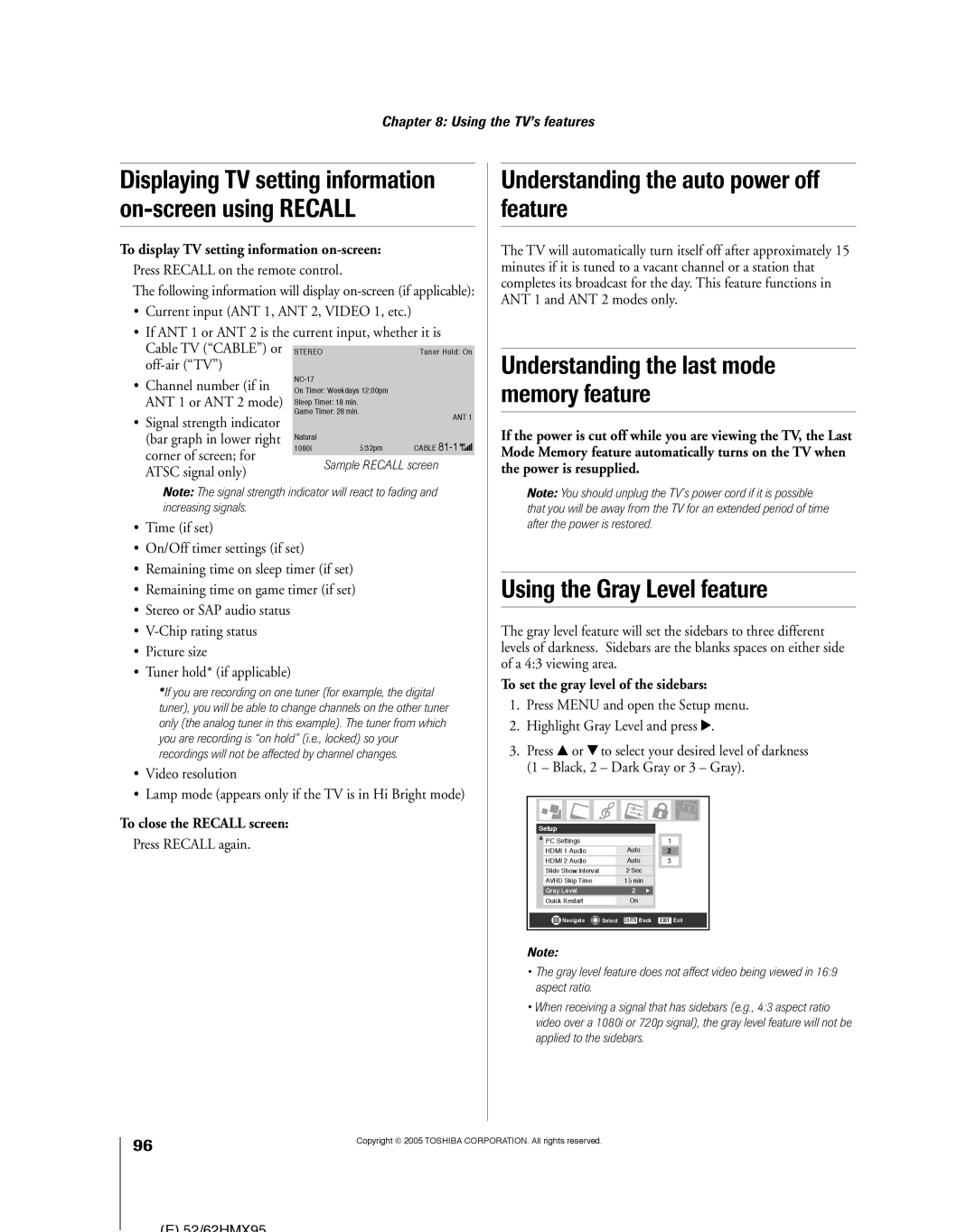 Toshiba 52HMX95, 62HMX95 owner manual Understanding the auto power off feature, Understanding the last mode memory feature 