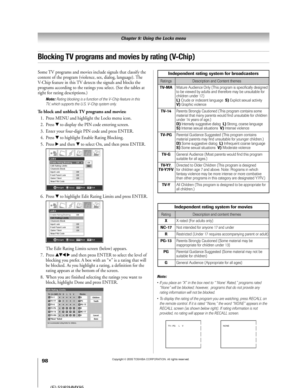 Toshiba 52HMX95, 62HMX95 Blocking TV programs and movies by rating V-Chip, To block and unblock TV programs and movies 