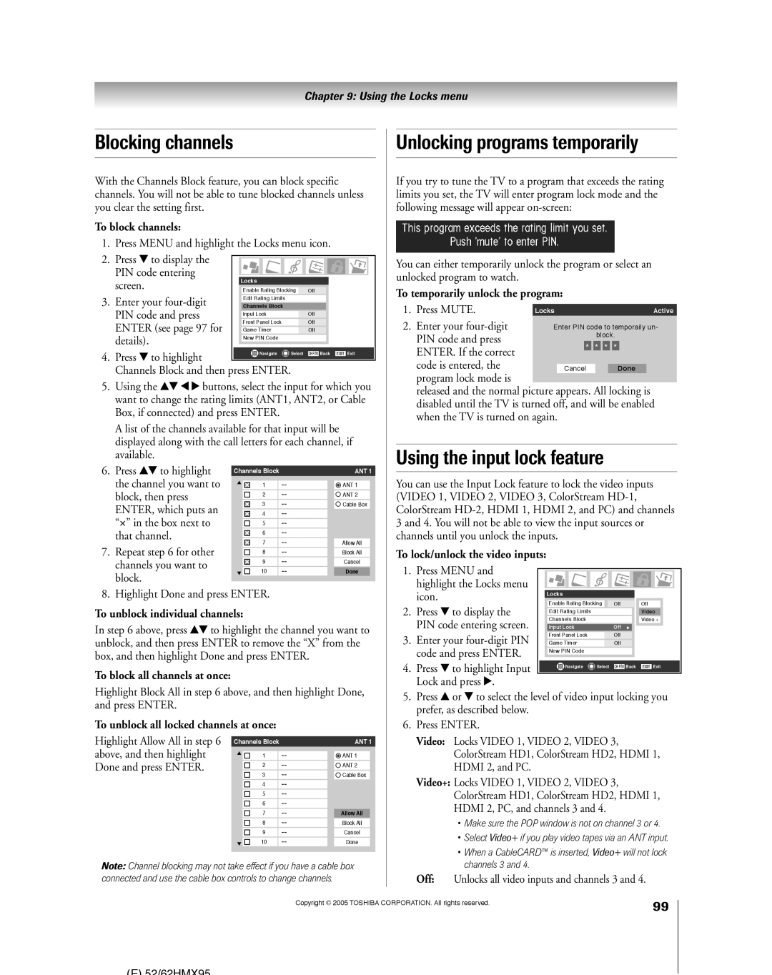 Toshiba 62HMX95, 52HMX95 owner manual Blocking channels, Unlocking programs temporarily, Using the input lock feature 