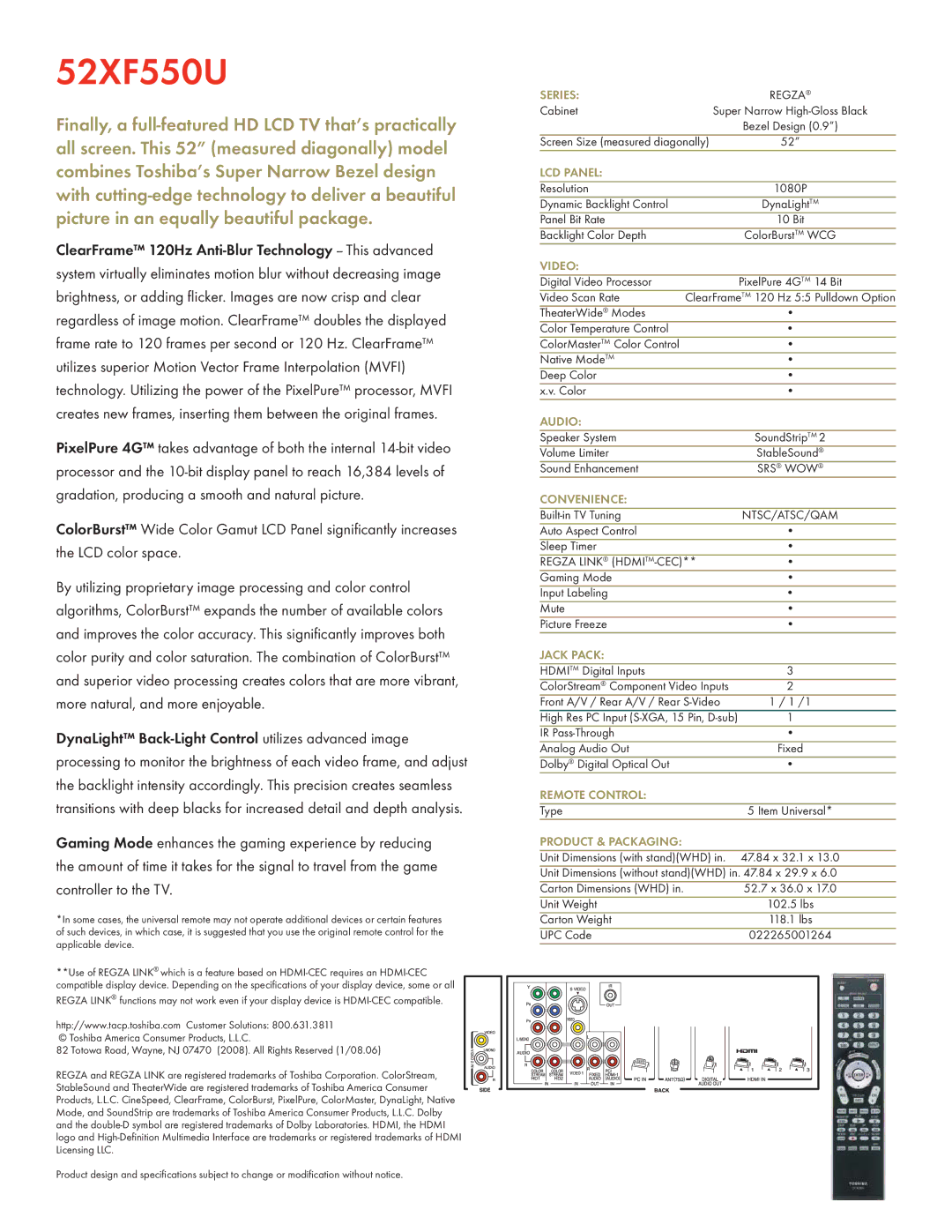 Toshiba 52XF550U manual Series, LCD Panel, Video, Audio, Convenience, Jack Pack, Remote Control 