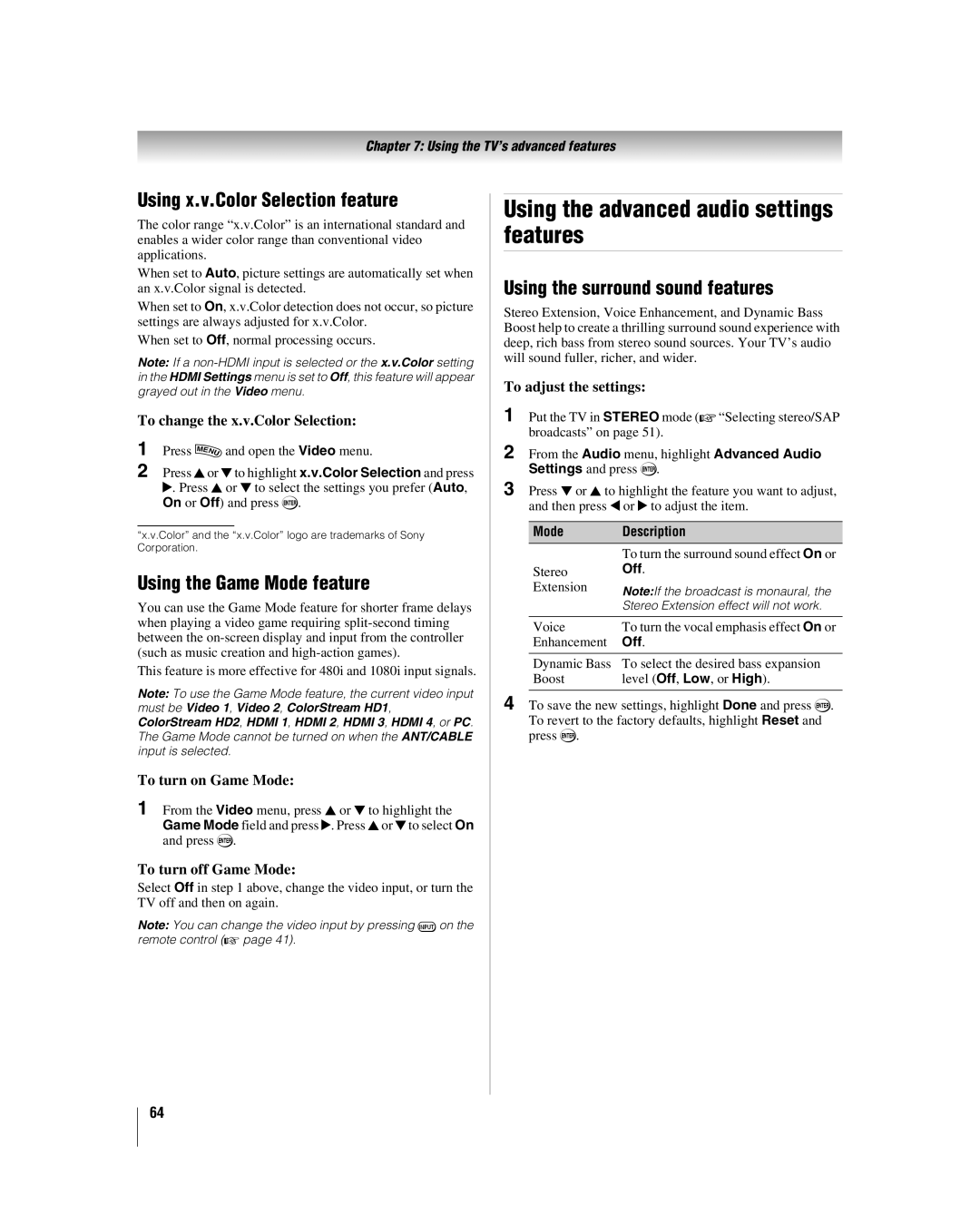 Toshiba 46XV540U, 52XV540U, 42XV540U manual Using the advanced audio settings features, Using x.v.Color Selection feature 