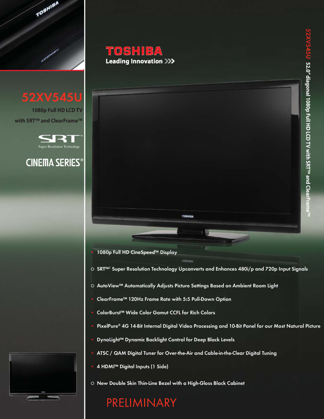 Toshiba 52XV545U manual Preliminary, 1080p Full HD LCD TV 