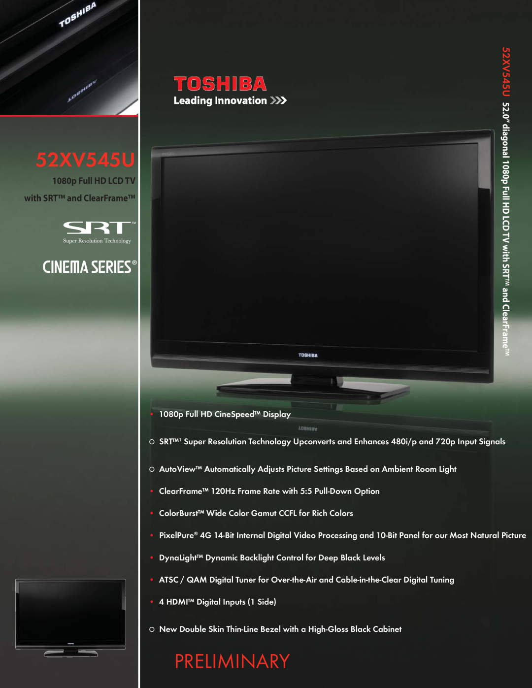 Toshiba 52XV545U manual Preliminary, 1080p Full HD LCD TV, with SRT and ClearFrame 