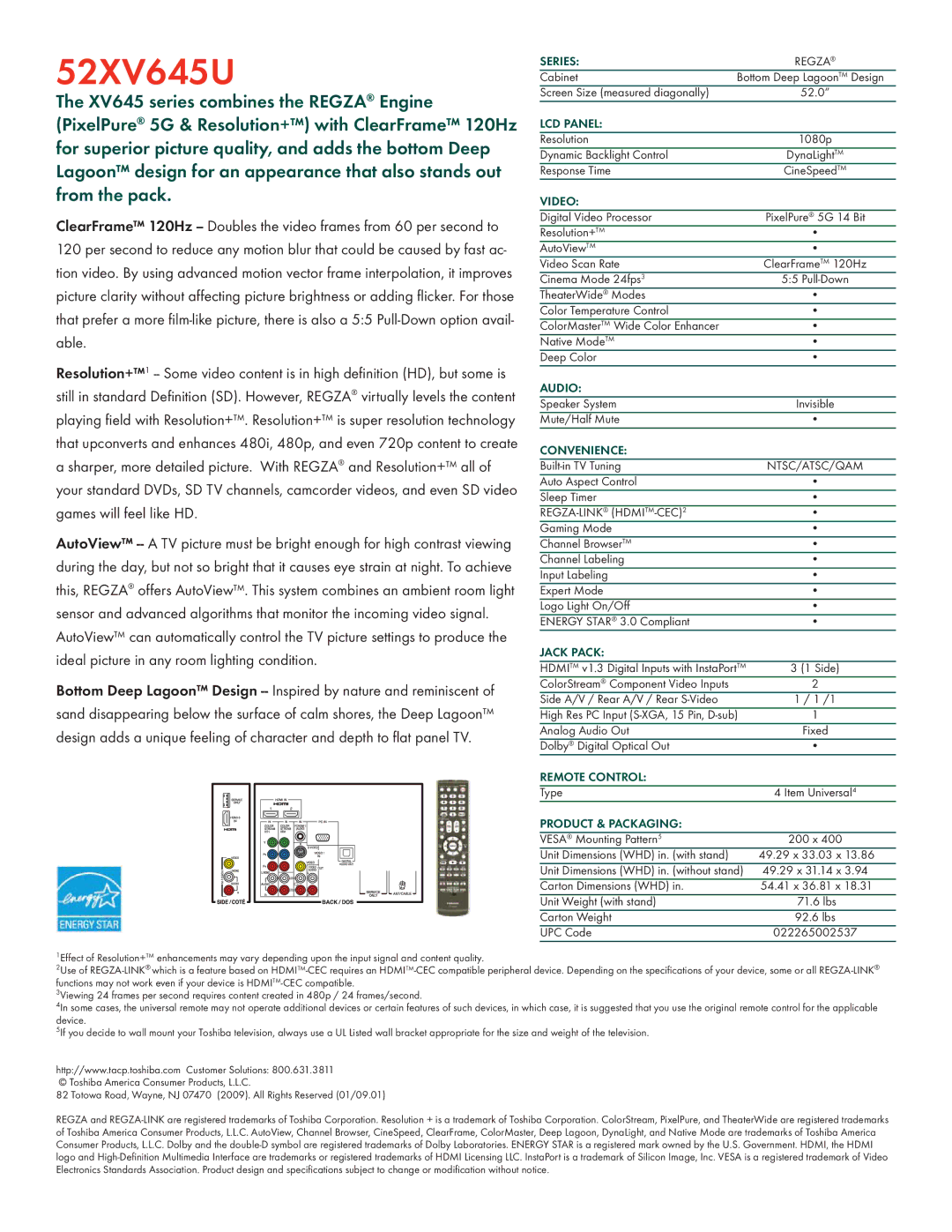 Toshiba 52XV645U manual Series, LCD Panel, Video, Audio, Convenience, Jack Pack, Remote Control, Product & Packaging 