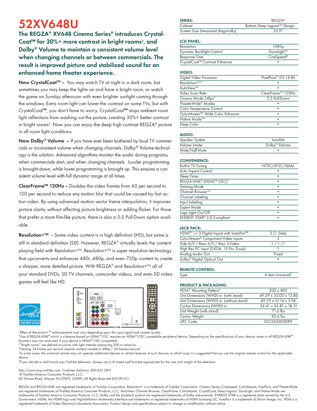 Toshiba 52XV648U manual Series, LCD Panel, Video, Audio, Convenience, Jack Pack, Remote Control, Product & Packaging 