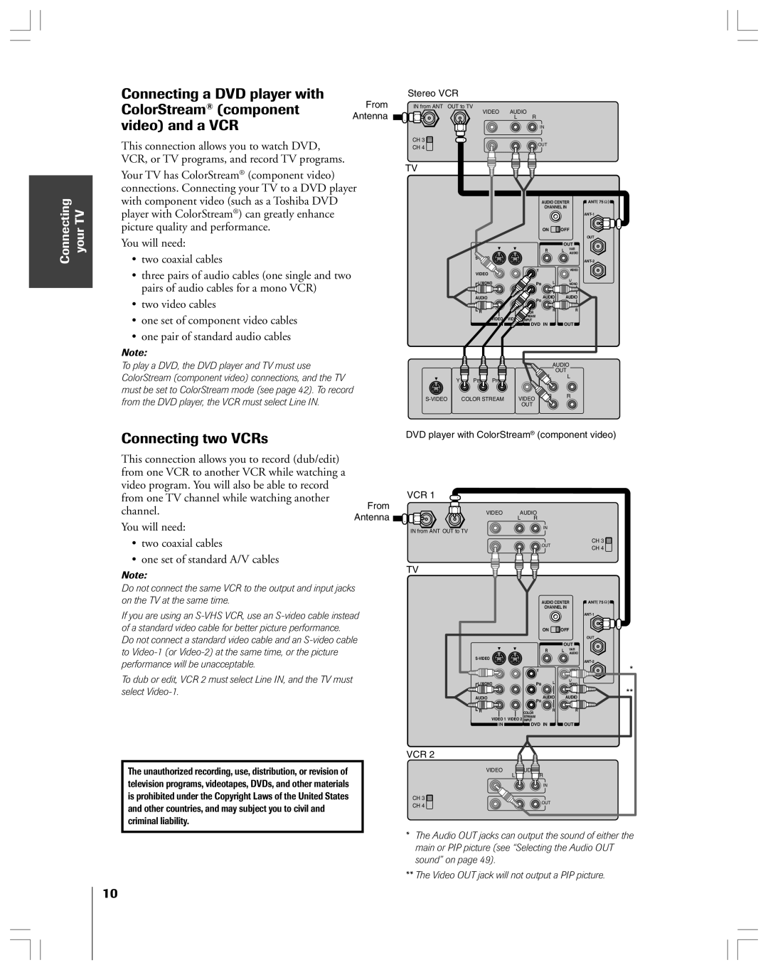 Toshiba 53AX62 owner manual Connecting a DVD player with ColorStream component From, Video and a VCR, Connecting two VCRs 