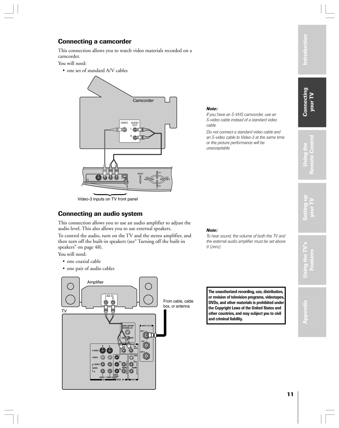 Toshiba 53AX62 owner manual Connecting a camcorder, Connecting an audio system 