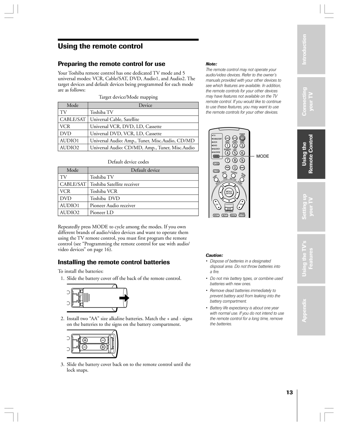 Toshiba 53AX62 owner manual Preparing the remote control for use, Installing the remote control batteries 