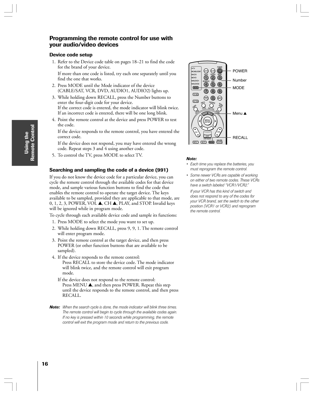 Toshiba 53AX62 owner manual Device code setup, Searching and sampling the code of a device, Recall 