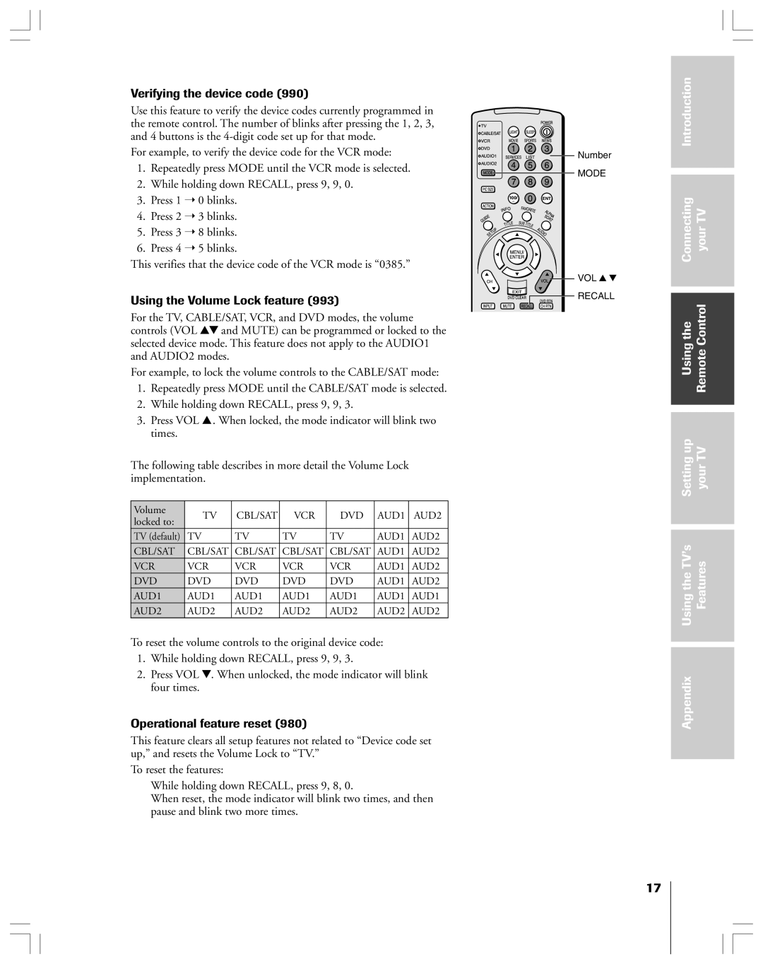 Toshiba 53AX62 owner manual Verifying the device code, Using the Volume Lock feature, Operational feature reset 