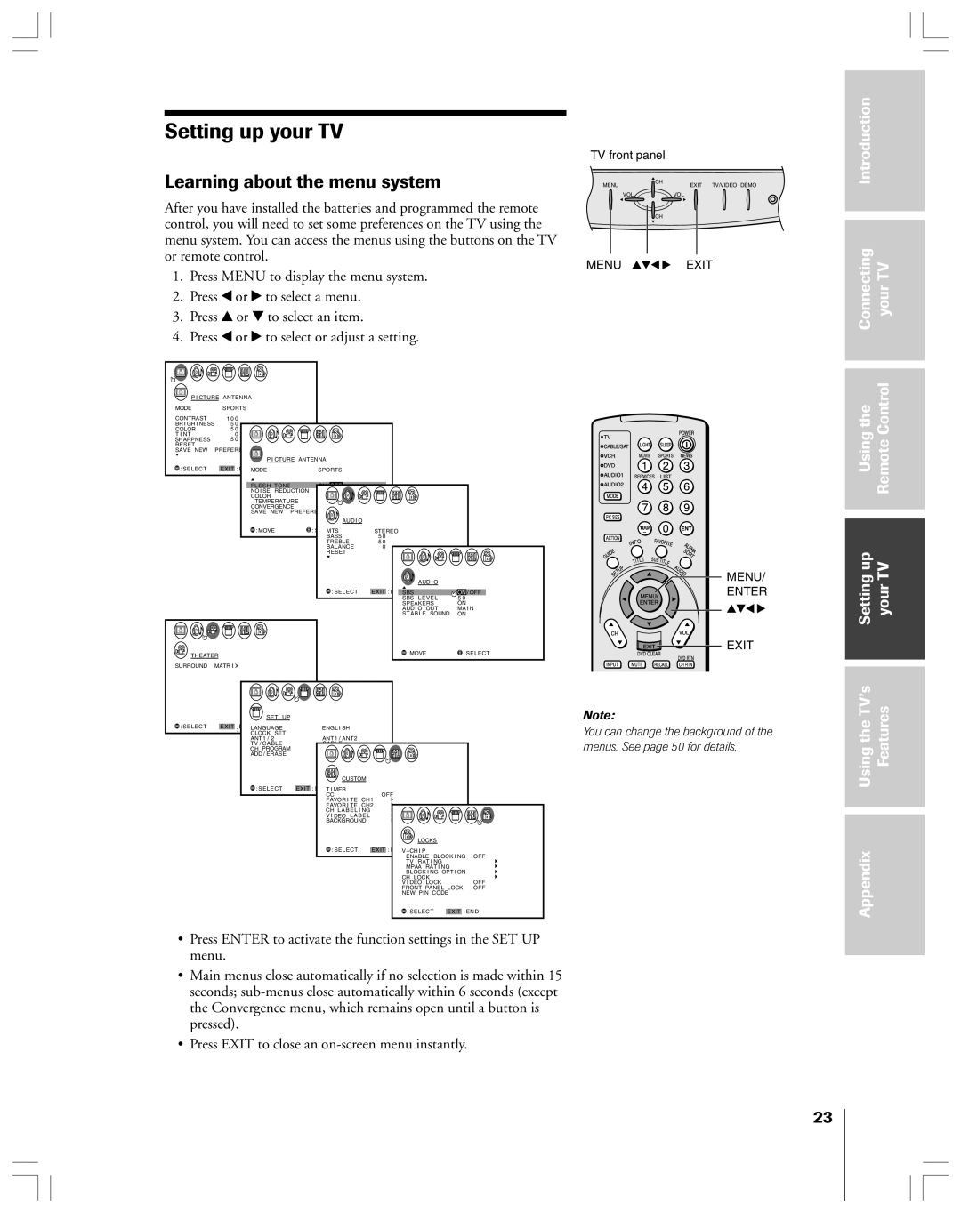 Toshiba 53AX62 owner manual Learning about the menu system, Introduction Connecting YourTV 