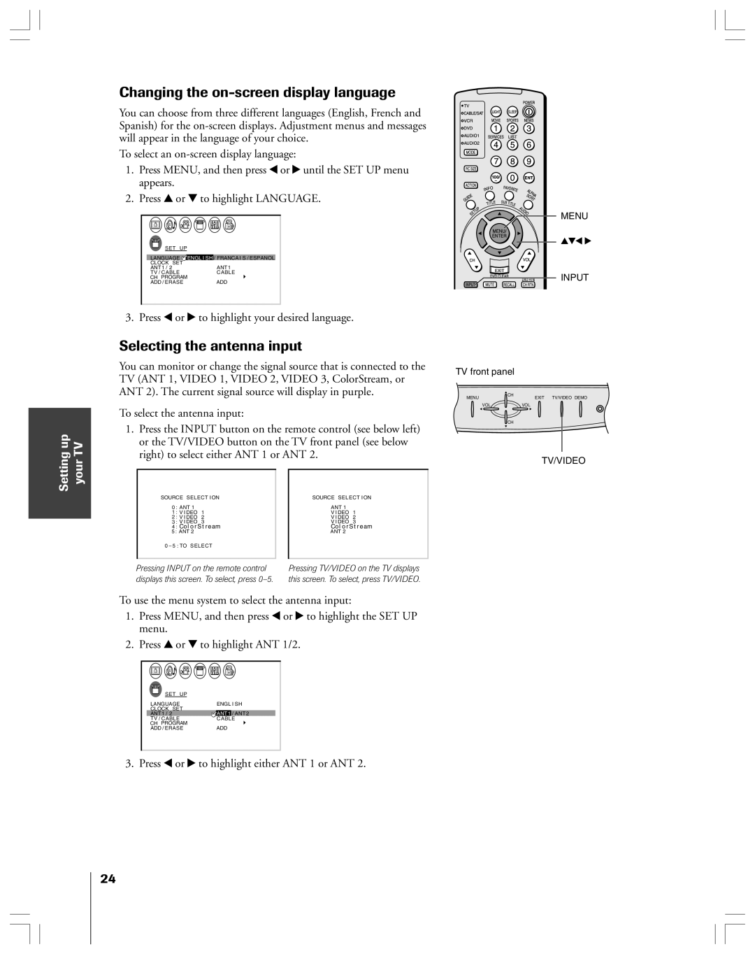 Toshiba 53AX62 owner manual Changing the on-screen display language, Selecting the antenna input, Up TV 