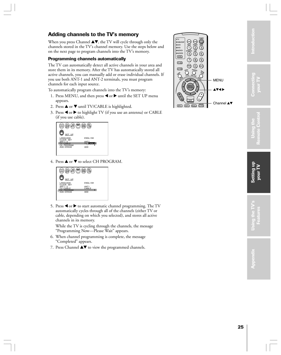 Toshiba 53AX62 Adding channels to the TV’s memory, Programming channels automatically, Press y or z to select CH Program 