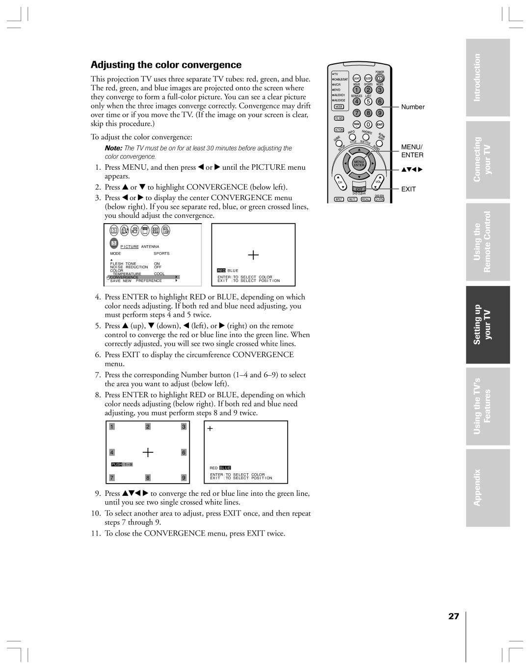 Toshiba 53AX62 owner manual Adjusting the color convergence, Usingthe RemoteControl, Settingup YourTV TheTV’s Features 