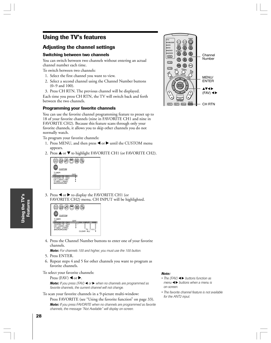 Toshiba 53AX62 Adjusting the channel settings, Switching between two channels, Programming your favorite channels 