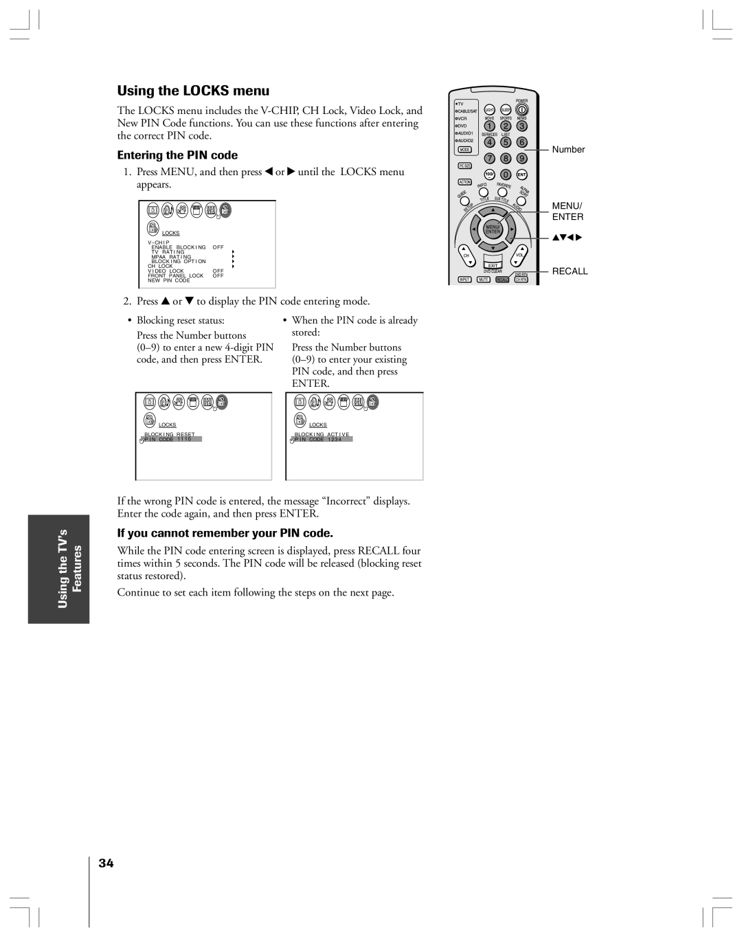 Toshiba 53AX62 owner manual Using the Locks menu, Entering the PIN code, If you cannot remember your PIN code 