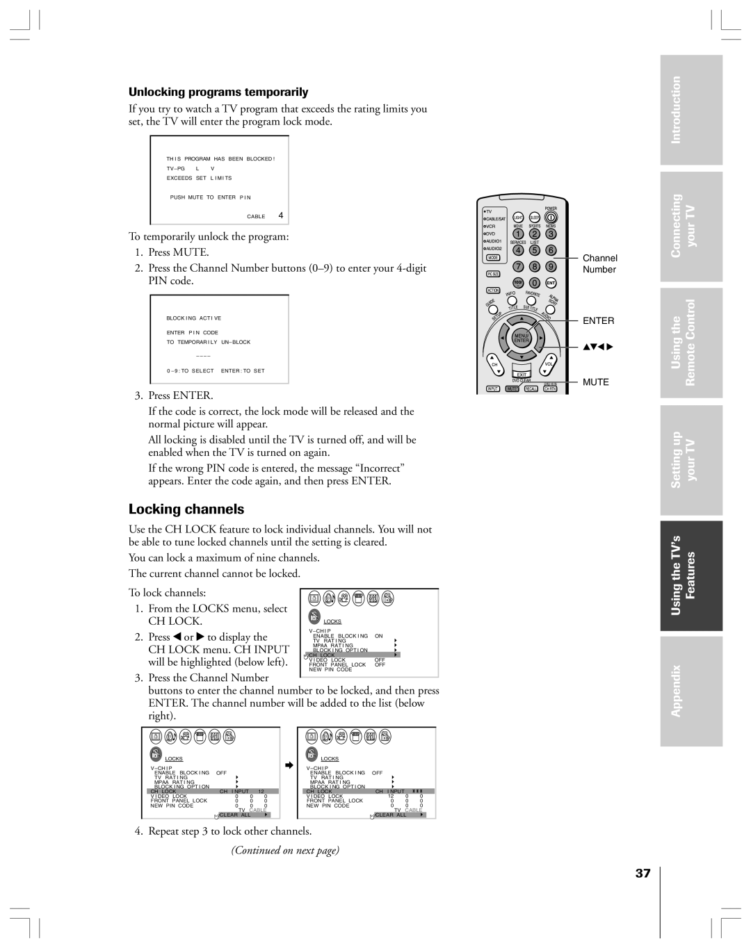 Toshiba 53AX62 owner manual Locking channels, Unlocking programs temporarily, CH Lock 