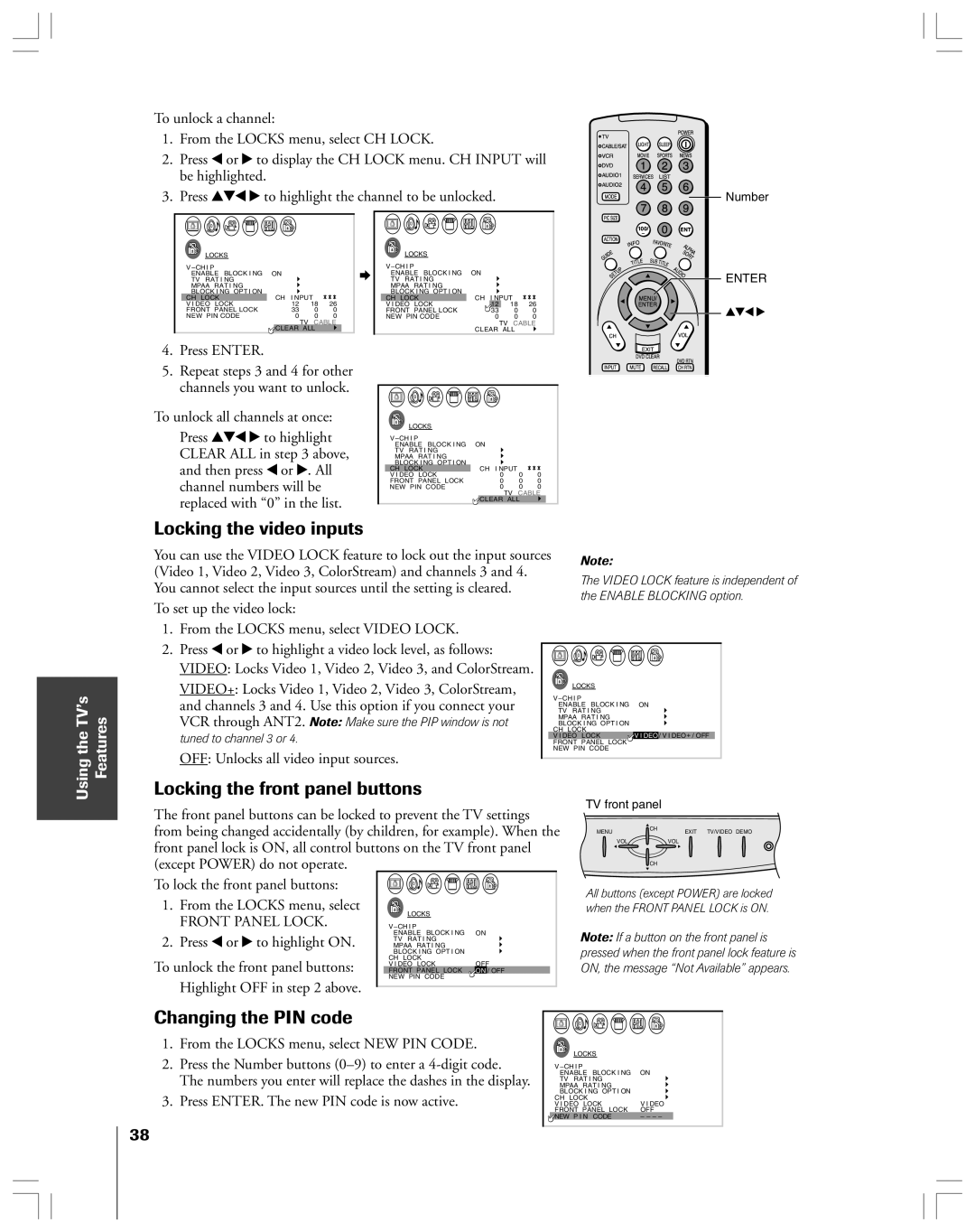 Toshiba 53AX62 Locking the video inputs, Locking the front panel buttons, Changing the PIN code, Front Panel Lock 