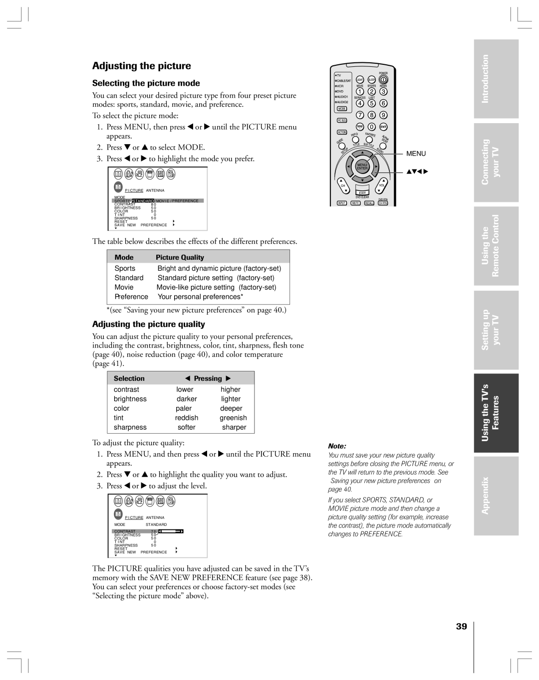 Toshiba 53AX62 Selecting the picture mode, Adjusting the picture quality, See ÒSaving your new picture preferencesÓ on 