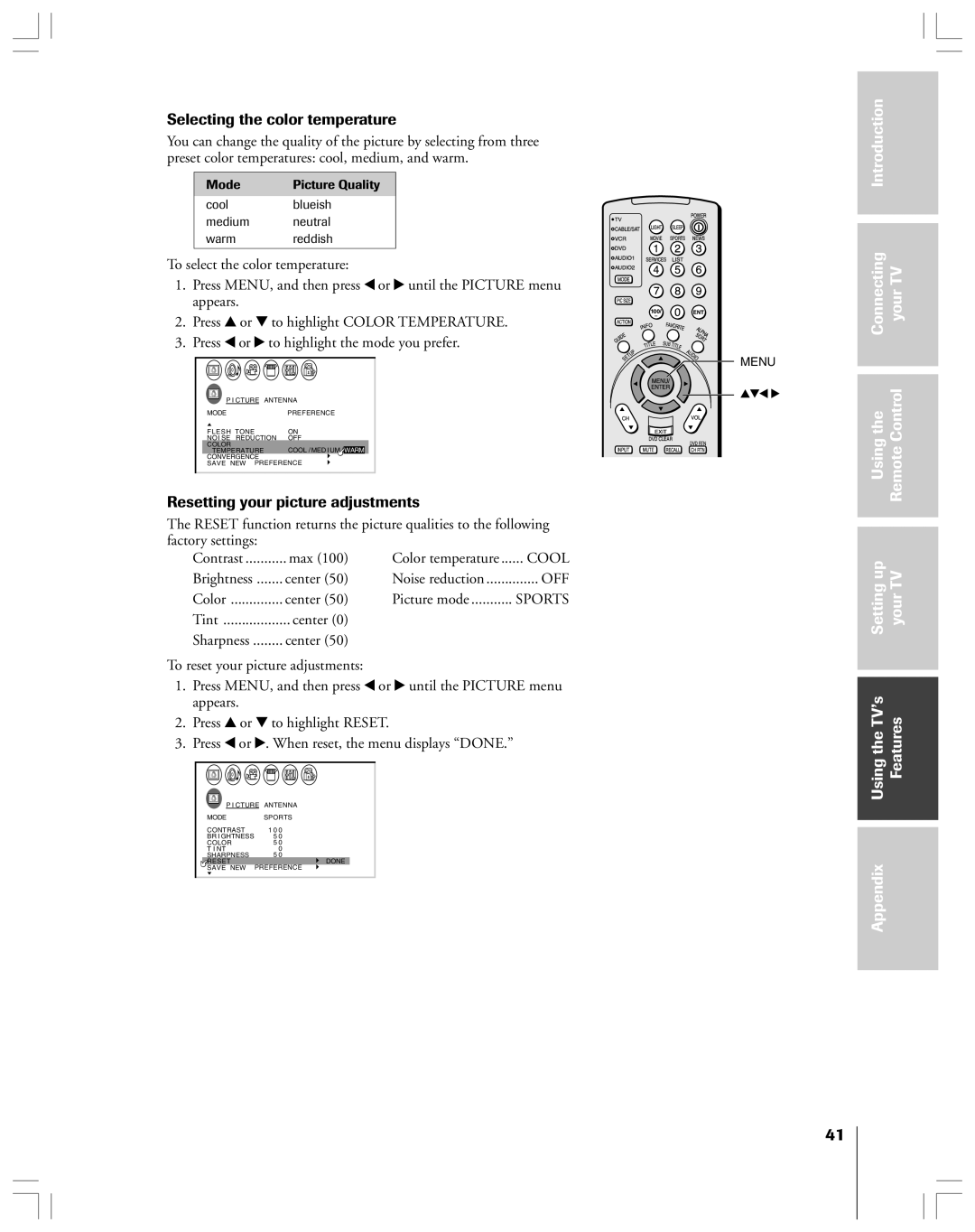 Toshiba 53AX62 owner manual Selecting the color temperature, Resetting your picture adjustments, Off, Sports 