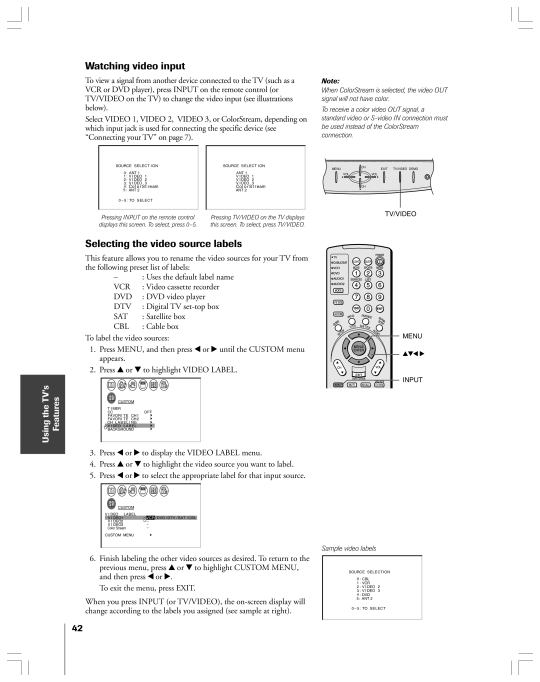 Toshiba 53AX62 owner manual Watching video input, Selecting the video source labels, Dtv, Sat, Cbl 