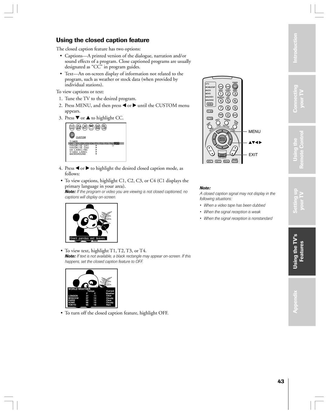 Toshiba 53AX62 owner manual Using the closed caption feature, Introduction Connecting YourTV Usingthe RemoteControl 