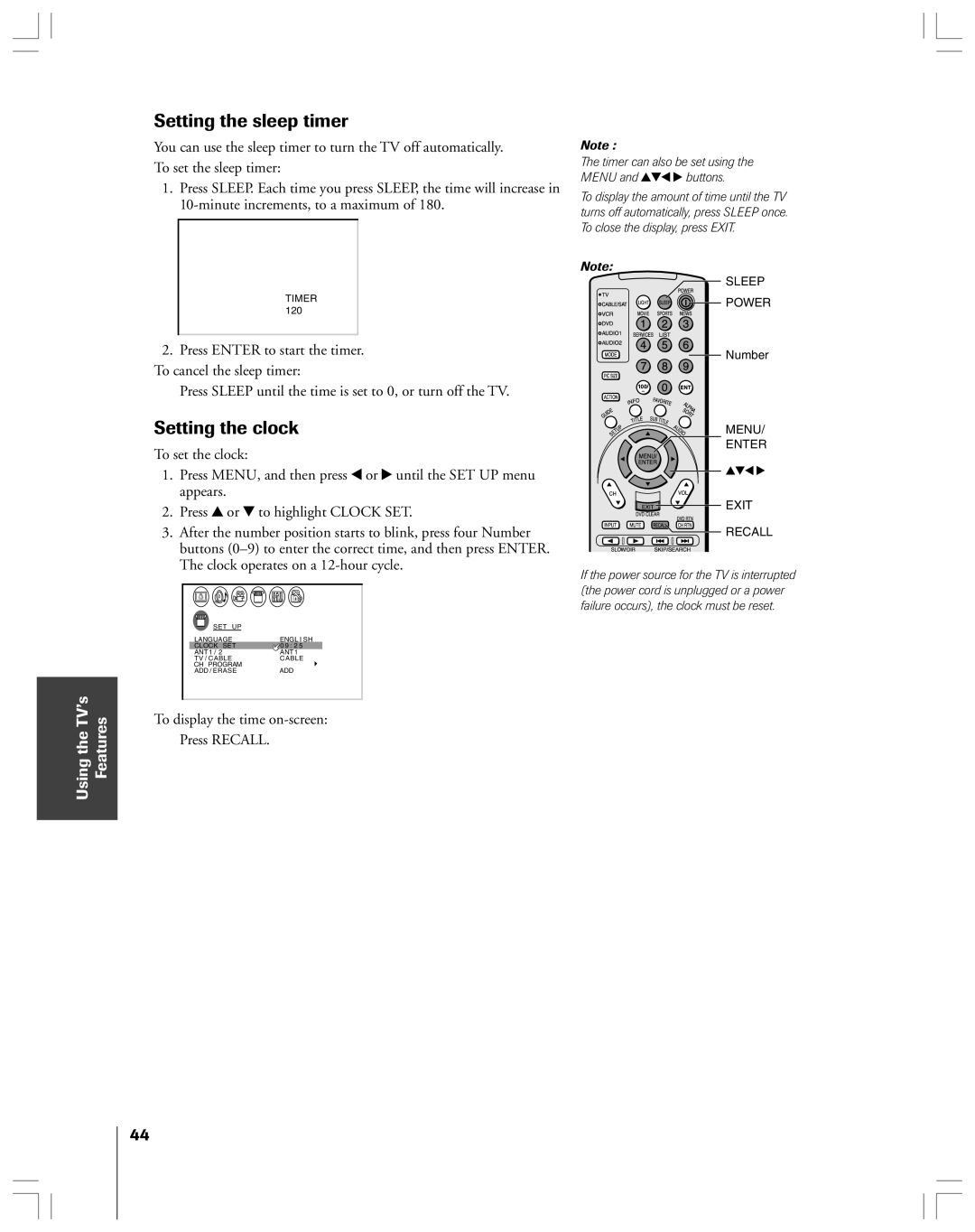 Toshiba 53AX62 owner manual Setting the sleep timer, Setting the clock, To display the time on-screen Press Recall 