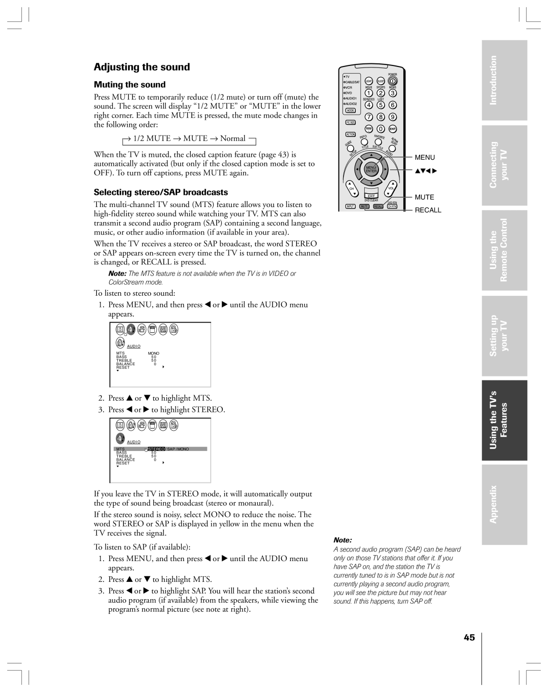 Toshiba 53AX62 owner manual Adjusting the sound, Muting the sound, Selecting stereo/SAP broadcasts 