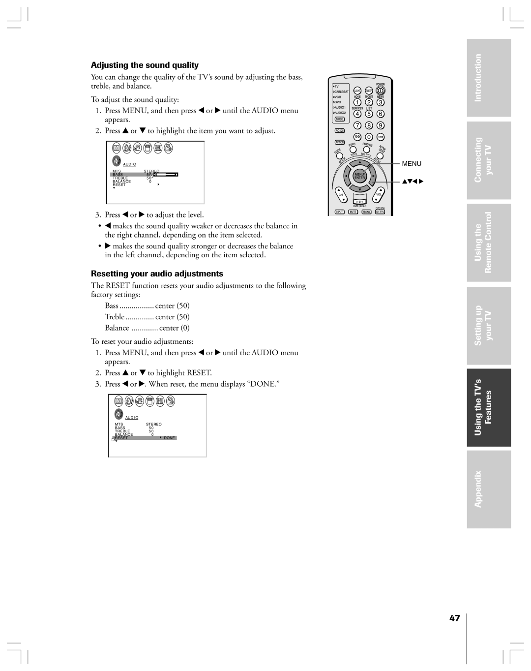 Toshiba 53AX62 owner manual Adjusting the sound quality, Resetting your audio adjustments 