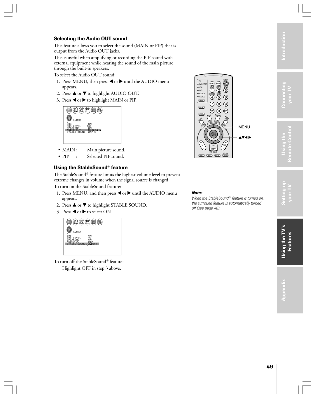 Toshiba 53AX62 owner manual Selecting the Audio OUT sound, Using the StableSound feature, Main, Pip 