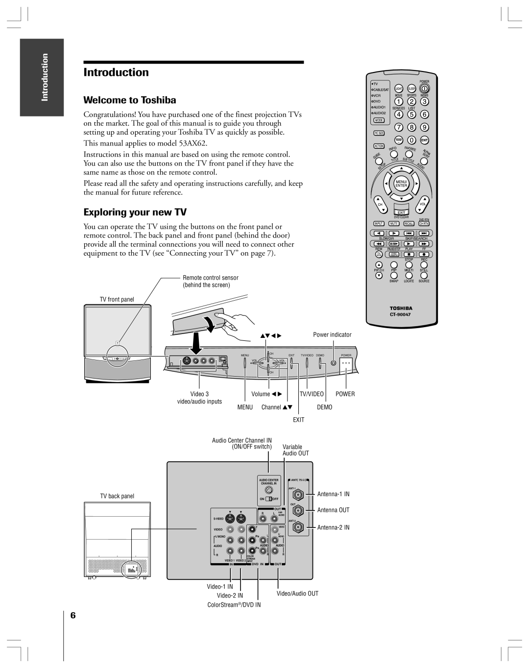 Toshiba 53AX62 owner manual Welcome to Toshiba, Exploring your new TV, Introduction 