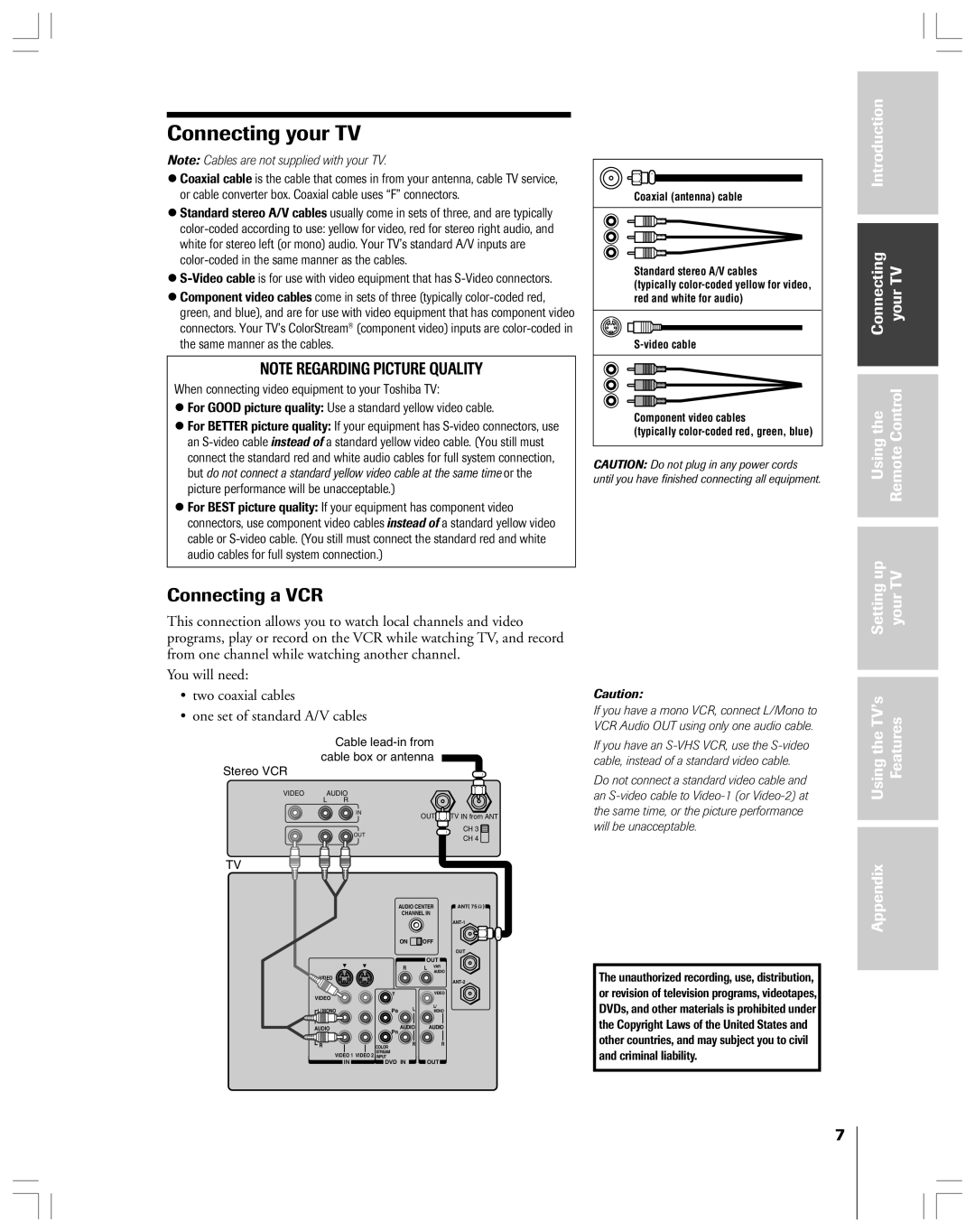 Toshiba 53AX62 owner manual Connecting your TV, Connecting a VCR 