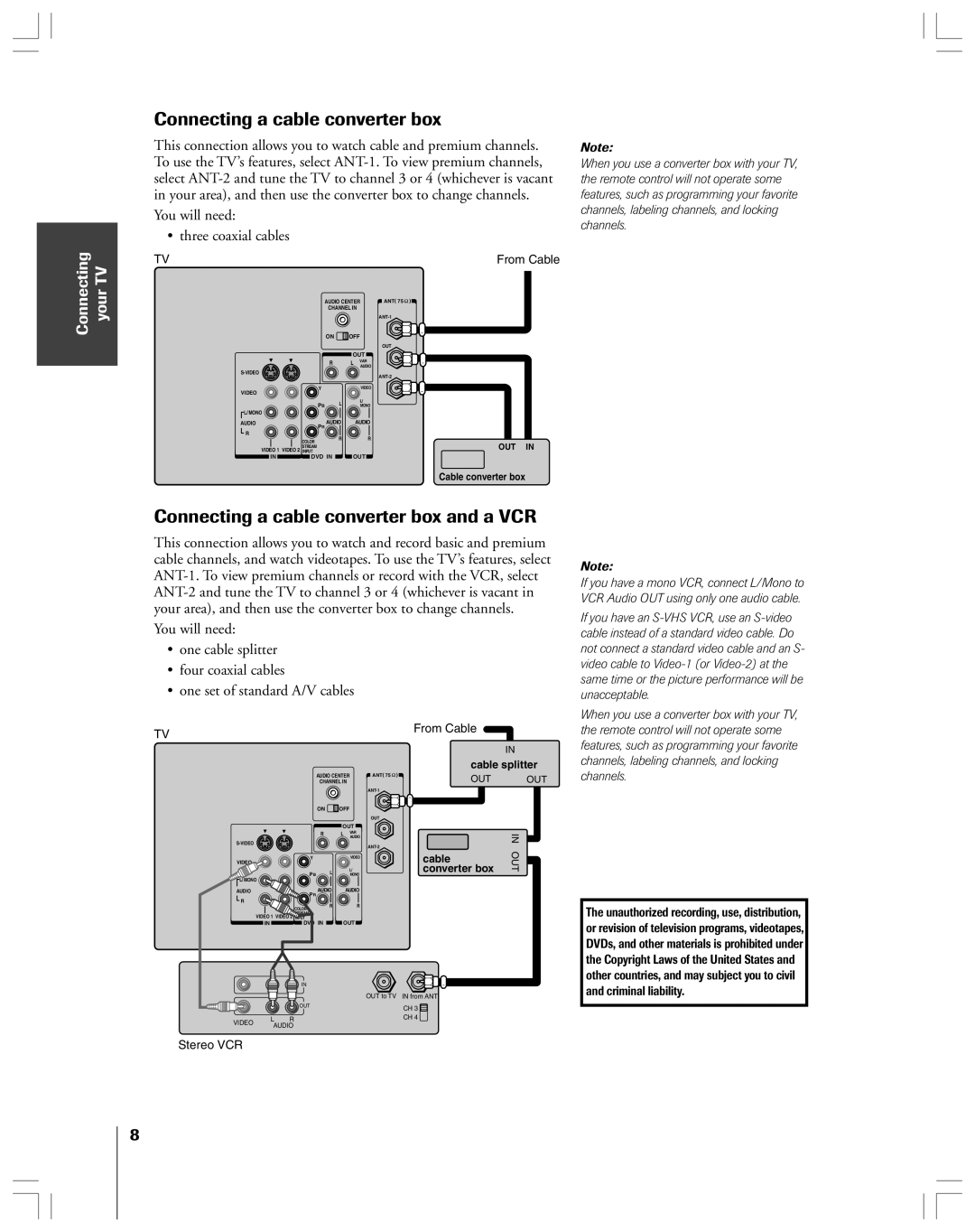 Toshiba 53AX62 owner manual Connecting a cable converter box and a VCR, Your, You will need Three coaxial cables 