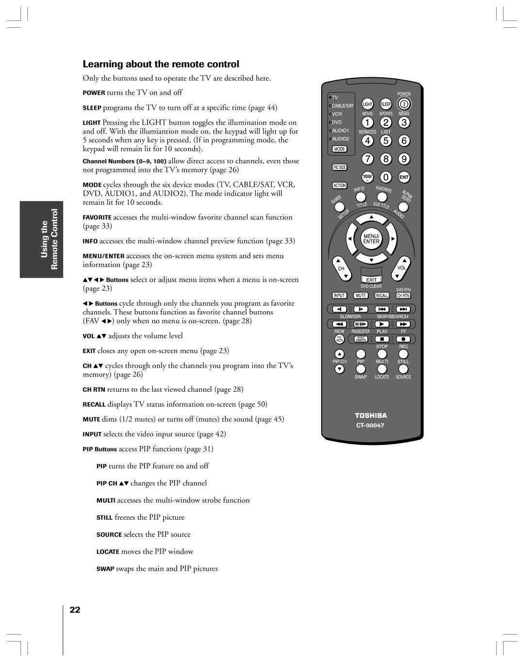 Toshiba 53AX62 owner manual Learning about the remote control, Using the Remote Control 