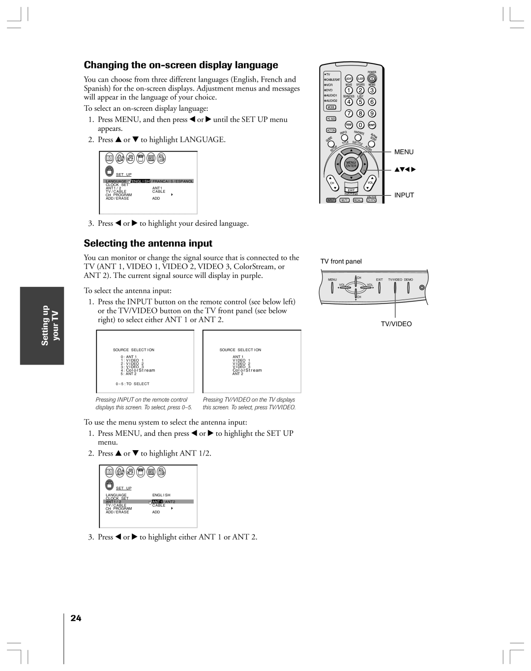 Toshiba 53AX62 owner manual Changing the on-screen display language, Selecting the antenna input, up TV 