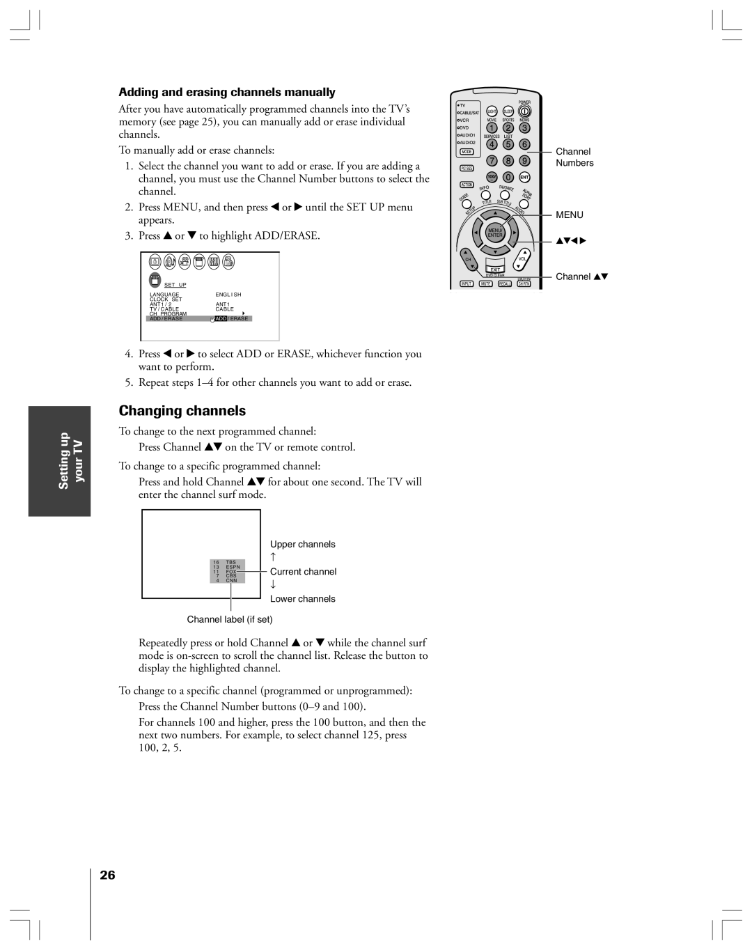 Toshiba 53AX62 owner manual Changing channels, Setting up your TV, Adding and erasing channels manually 