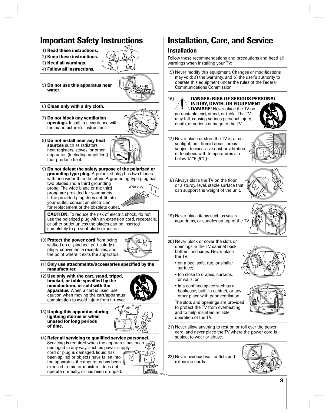Toshiba 53AX62 Important Safety Instructions, Installation, Care, and Service, exposed to rain or moisture, does not 