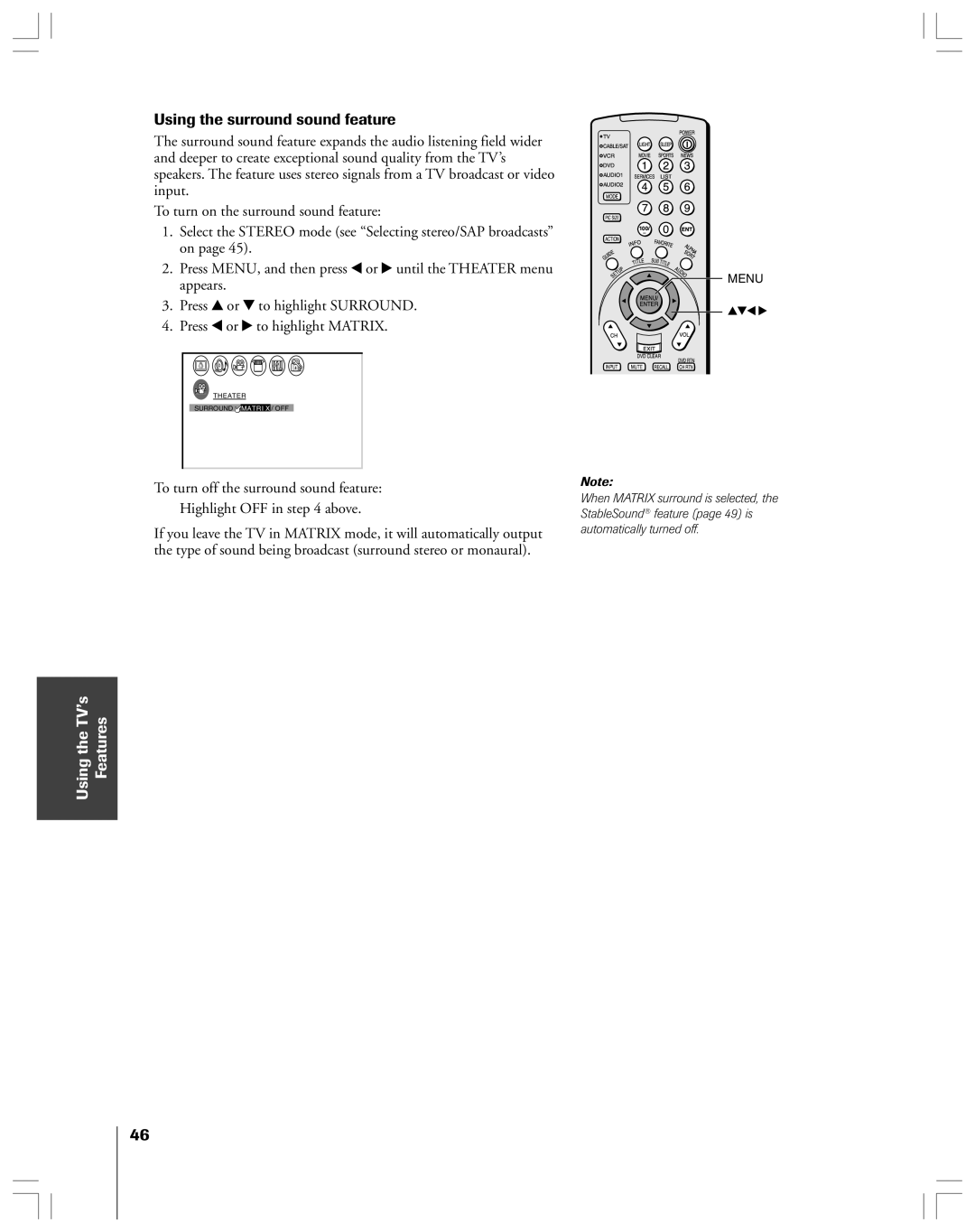 Toshiba 53AX62 owner manual Using the surround sound feature, Features 