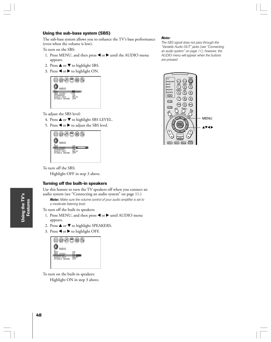 Toshiba 53AX62 owner manual Using the sub-bass system SBS, Turning off the built-in speakers, Using the TV’s Features 