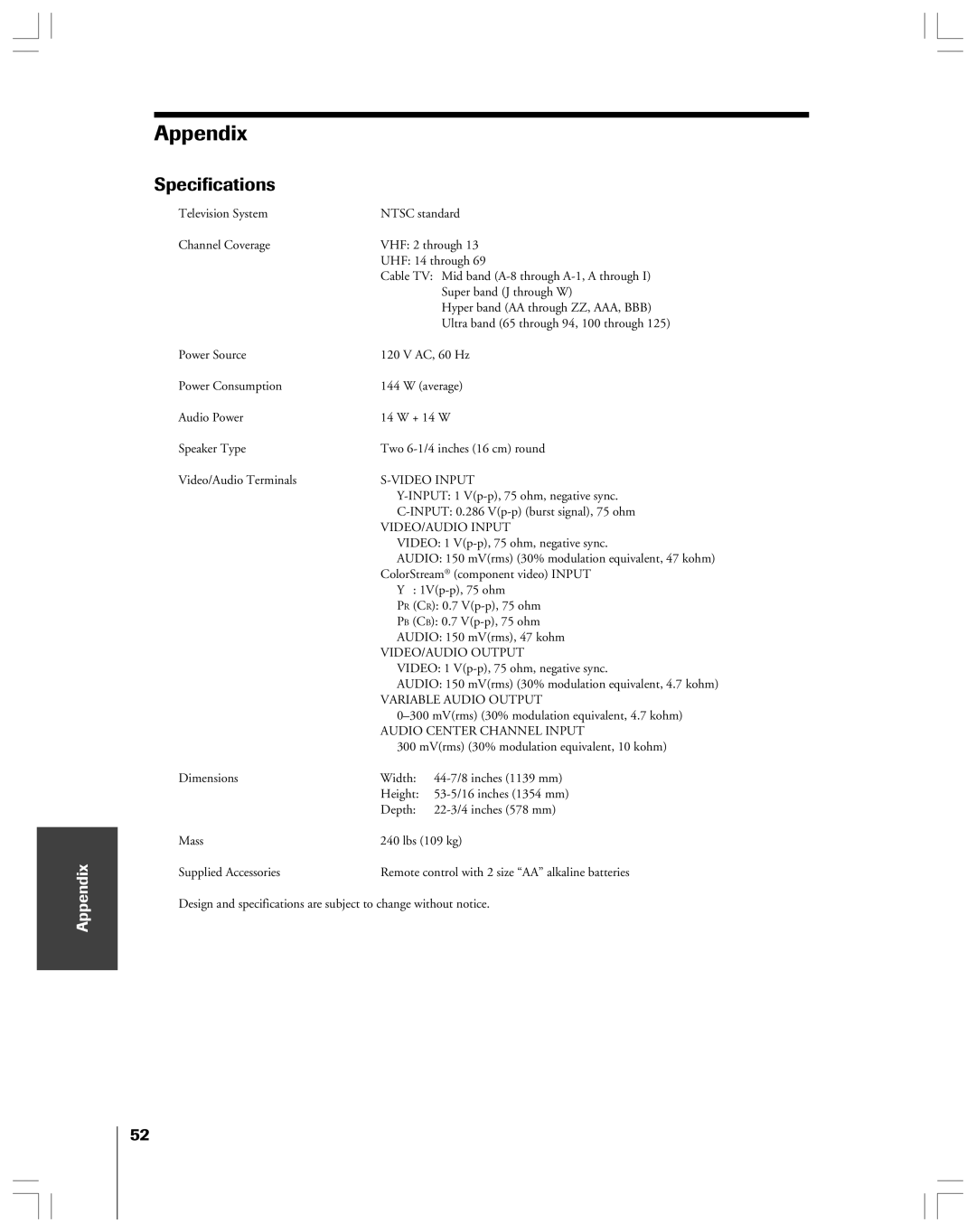Toshiba 53AX62 owner manual Appendix, Specifications 