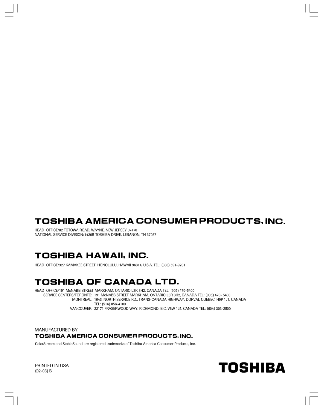 Toshiba 53AX62 owner manual Manufactured By, Printed In Usa, 02-08 B 