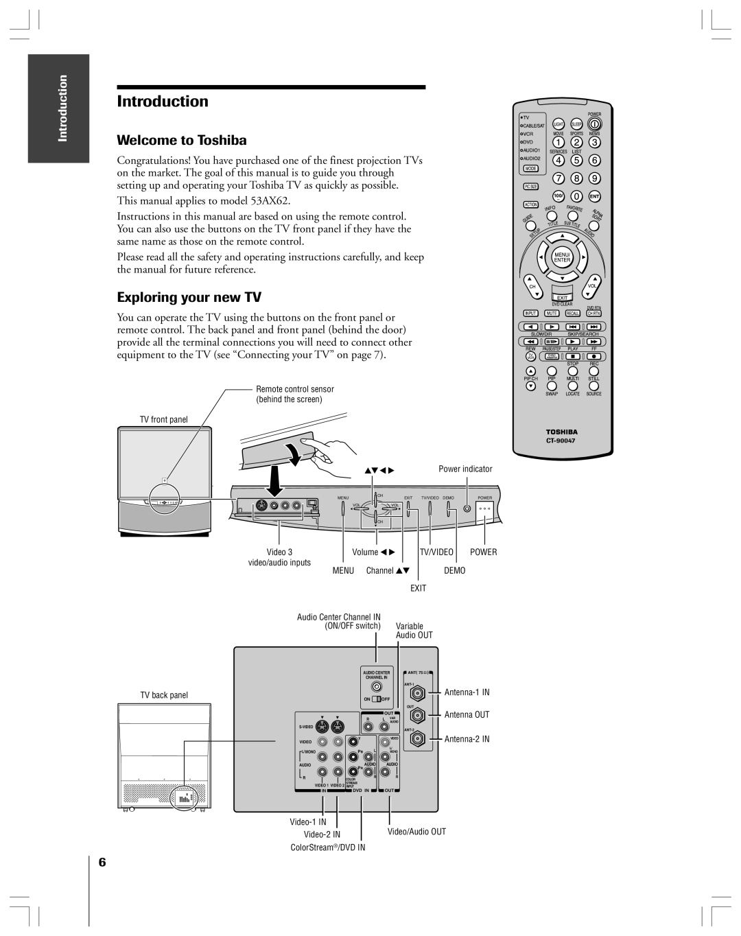 Toshiba 53AX62 owner manual Introduction, Welcome to Toshiba, Exploring your new TV 
