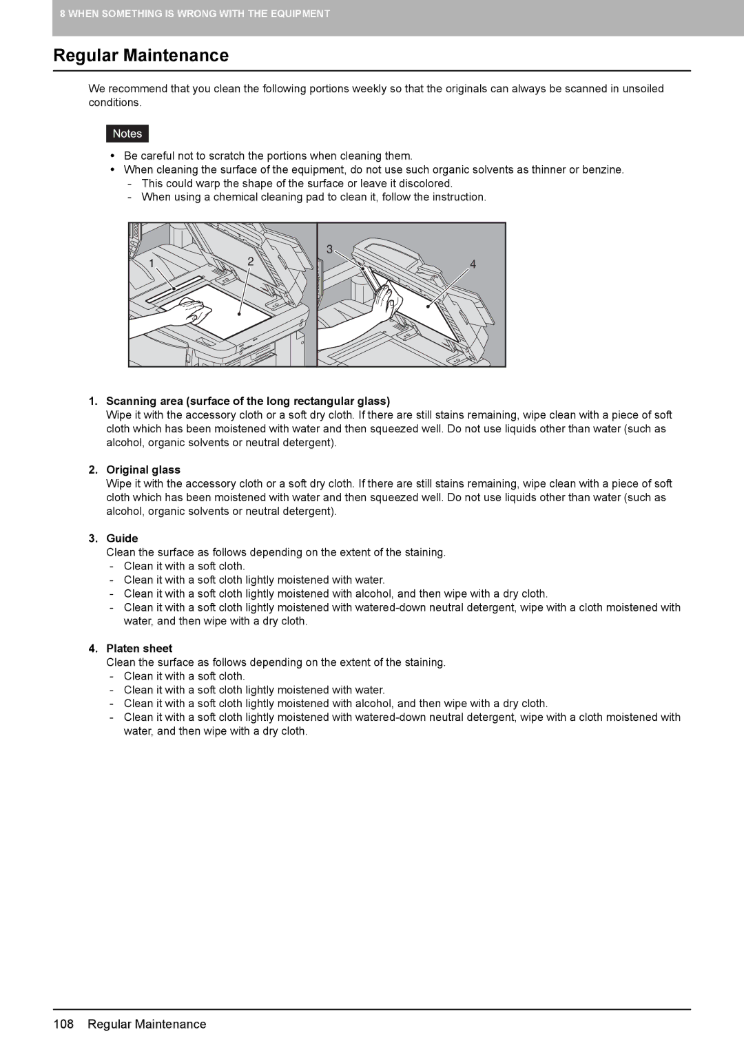 Toshiba 5520c manual Regular Maintenance, Scanning area surface of the long rectangular glass 