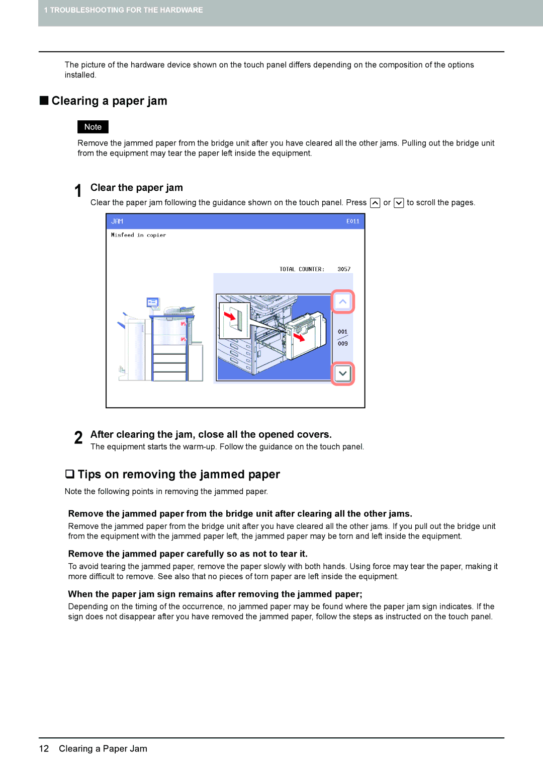 Toshiba 5520c manual „ Clearing a paper jam, ‰ Tips on removing the jammed paper 