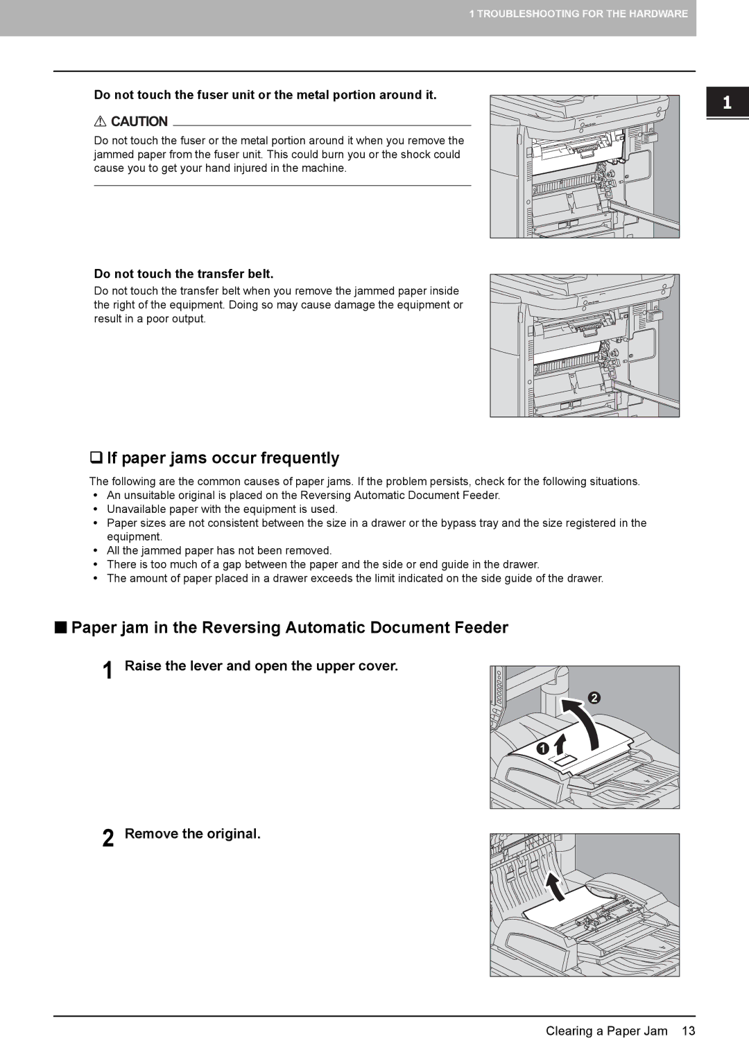 Toshiba 5520c manual ‰ If paper jams occur frequently, „ Paper jam in the Reversing Automatic Document Feeder 